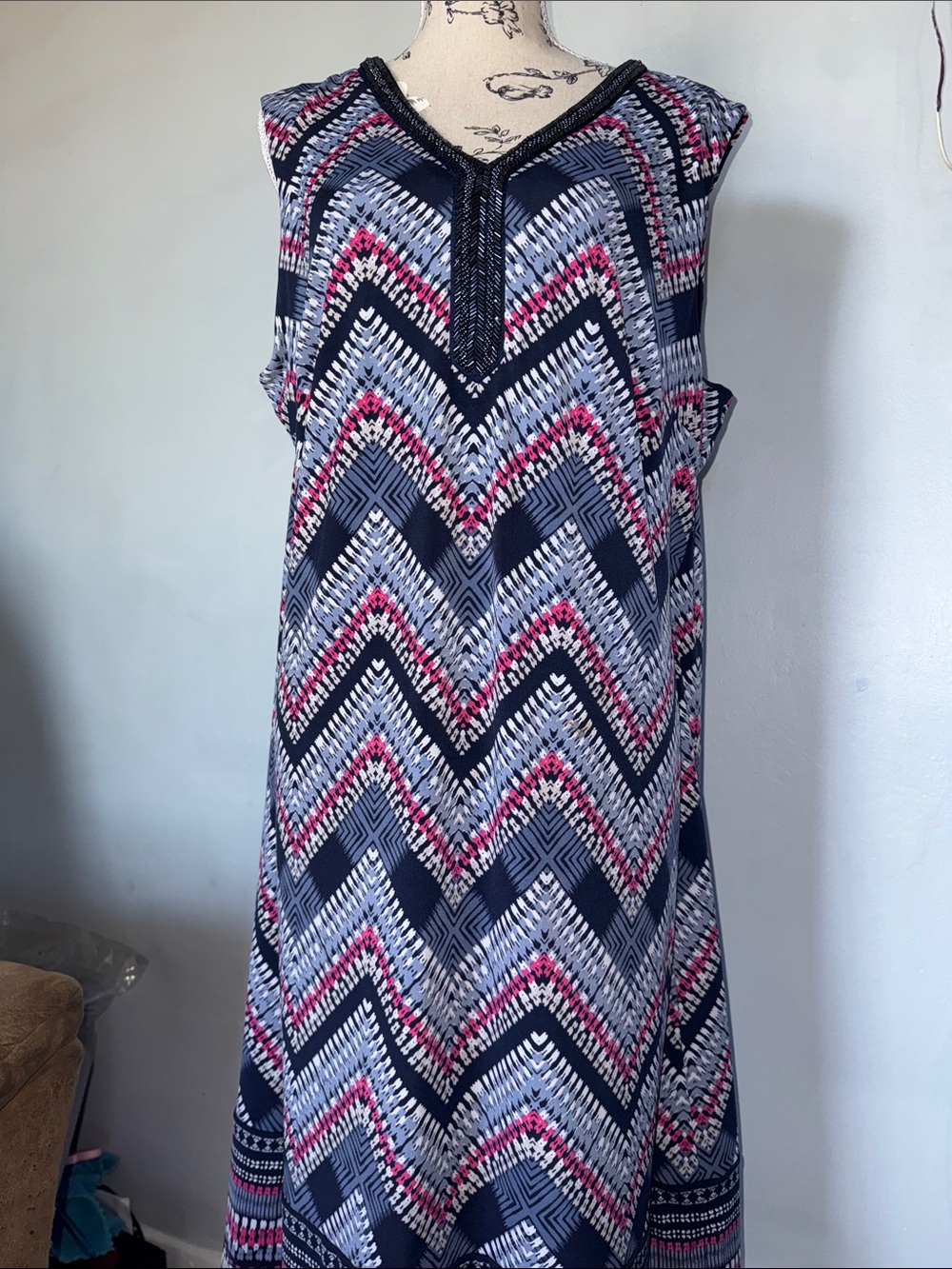 JM Collection Navy, Pink & White Chevron Maxi Dress - Picture 2 of 4